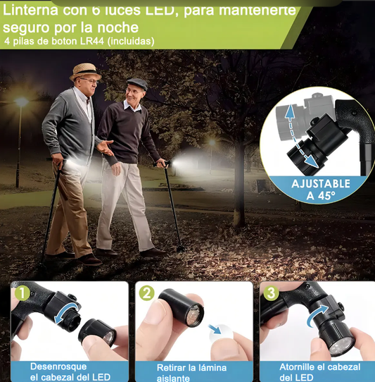 Bastón Plegable Retráctil Ajustable 4 Puntos De Apoyo Y Luz Negro