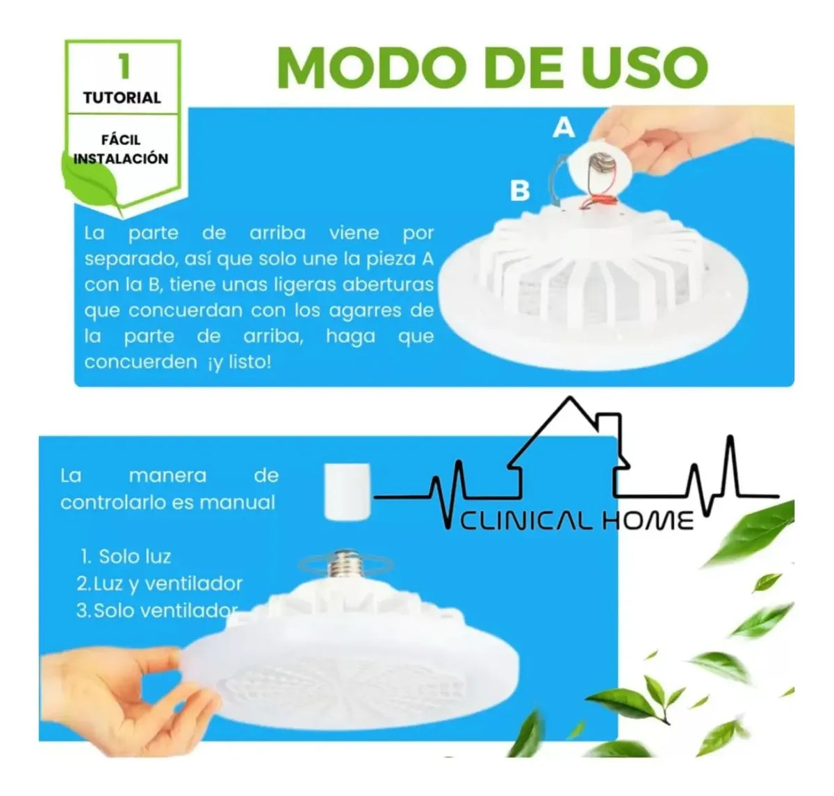 2 Pz Lampara Ventilador Techo Led Multifuncion E27 Fija