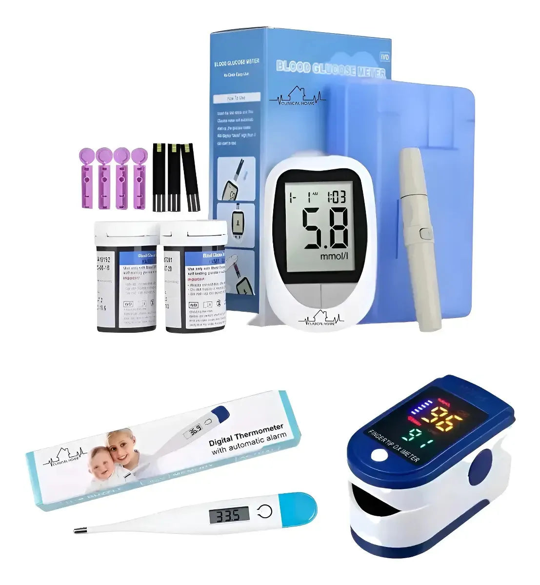 Glucómetro Digital IVD + Termómetro + Oxímetro Clinical Home Azul