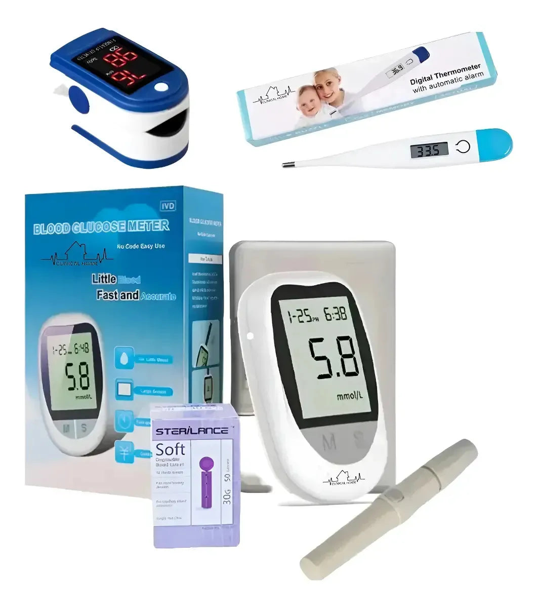 Glucómetro Digital IVD + Termómetro + Oxímetro Clinical Home Azul