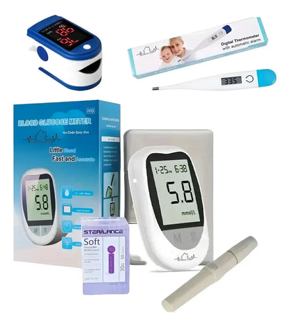 Glucómetro Digital IVD + Termómetro + Oxímetro Clinical Home Azul