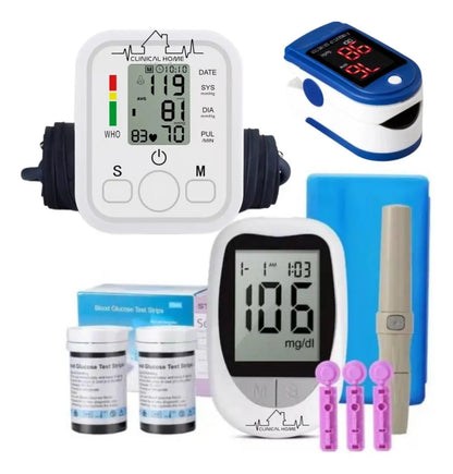 Kit Glucómetro Digital + Oxímetro de Pulso + Monitor de Presión para Brazo Blanco
