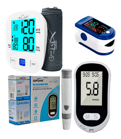 Kit Clinical Home Glucómetro Digital + Medidor de Presión Arterial + Oxímetro Blanco/Negro