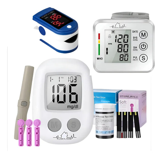 Medidor de Presión Glucosa y Oxigenación Clinical Home con Glucómetro y Oxímetro