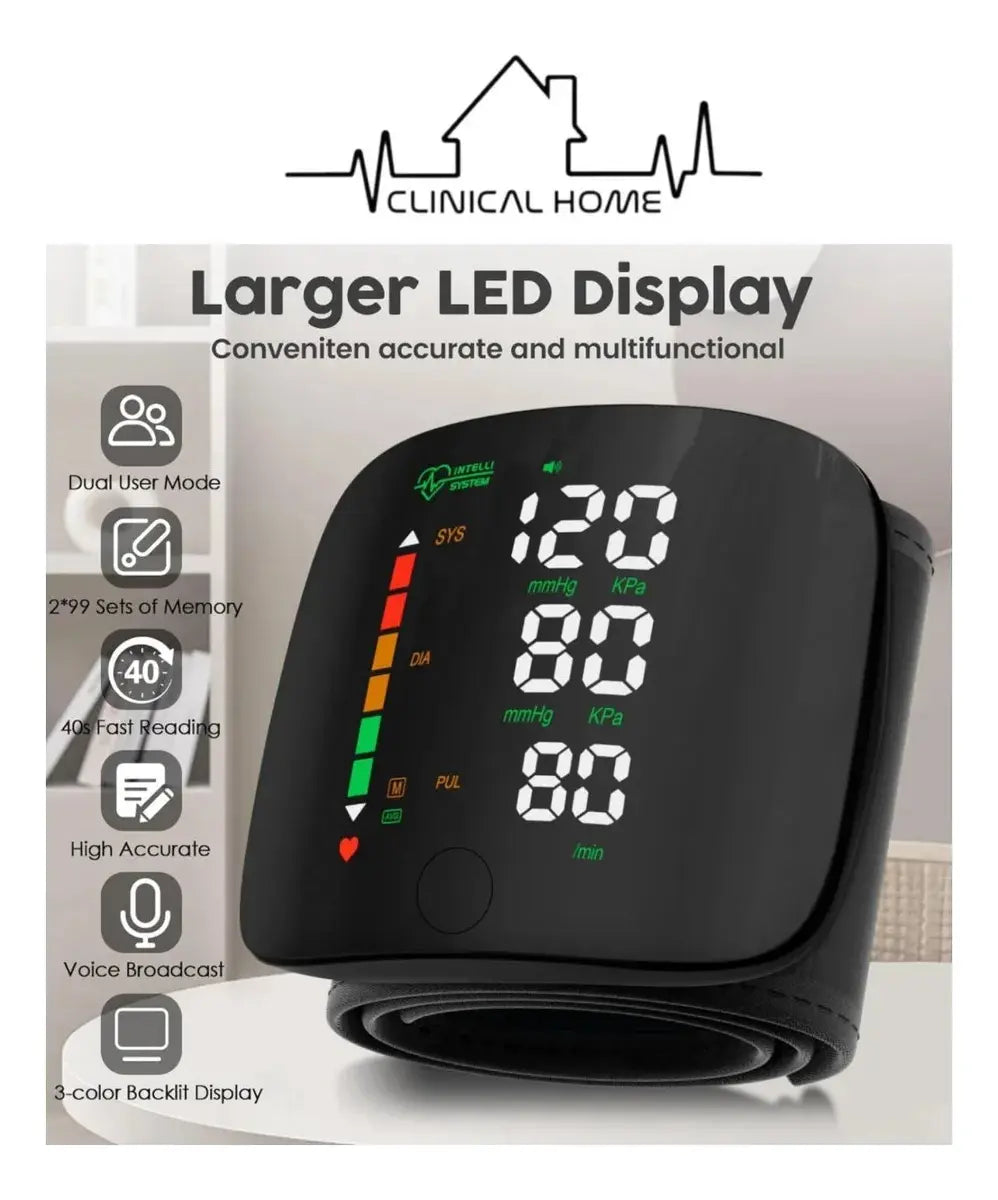 Muñeca Medidor Presión Arterial Negro Led Clinical Home